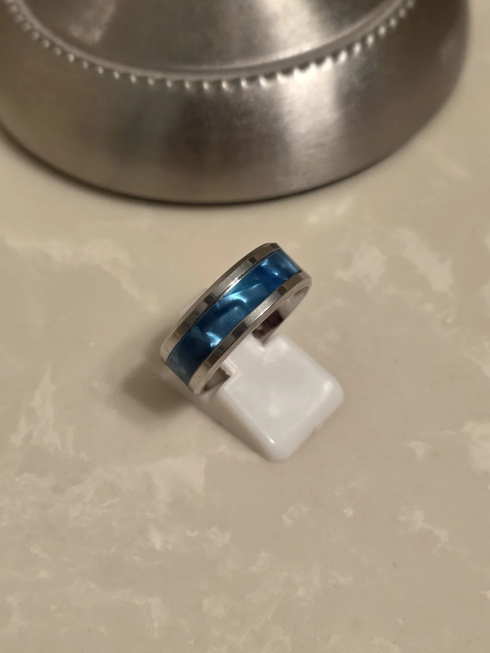 Blue Inlay Stainless Steel Band Ring
